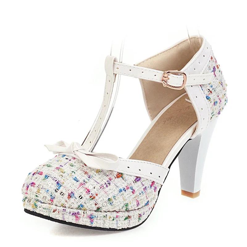 Fashion Fashion Spike Heel Women Pumps T-strap Round Toe Platform Shoes Female Buckle Strap Bowknot Party Pumps For Girlfriends