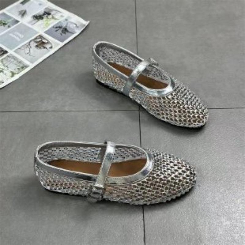 Fashion Women Sandals Designer Mesh Mary Jane Shoes Ladies Luxury Crystal Rhinestone Fishnet Flat Shoes Women 2025 New Plus Size Loafers