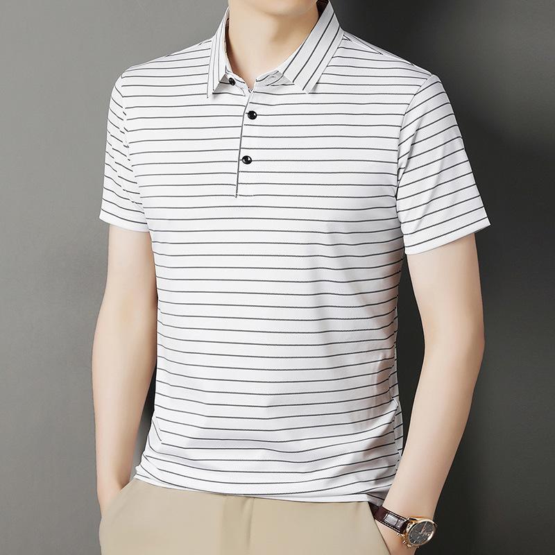 

Футболка с коротким рукавом из шелка Mulberry, дышащая мужская полосатая рубашка поло с лацканами, деловой топ с коротким рукавом 4XL