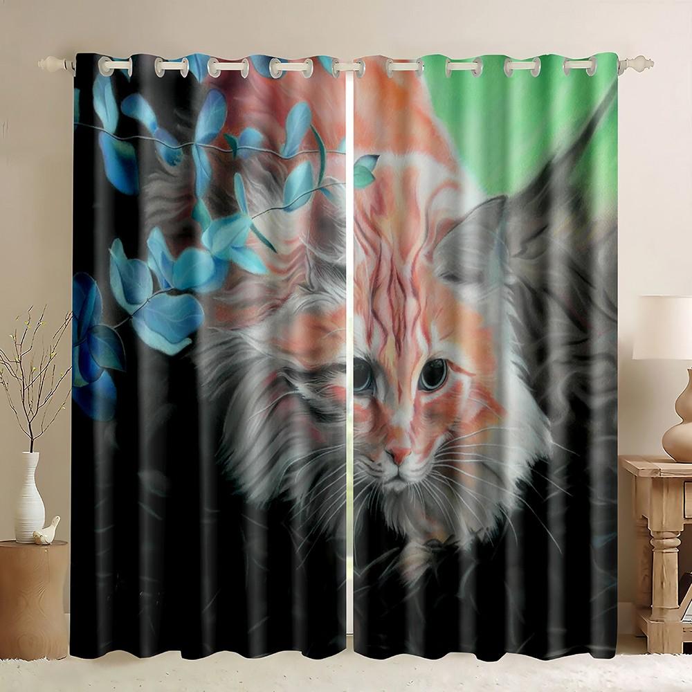 

Custom Cat Oil Painting Thin Curtain Modern Simple Art Studio Window Screen for Living Room Bedroom Home Decor Small W50H60(CM)x2&Hook