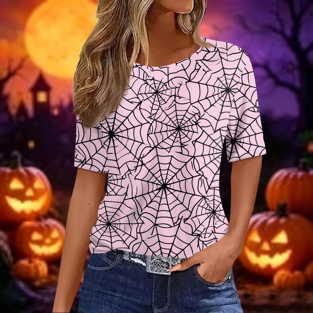 Women's Casual Short Sleeve Crewneck T-Shirt with Halloween and Pumpkin Print for Fall Parties