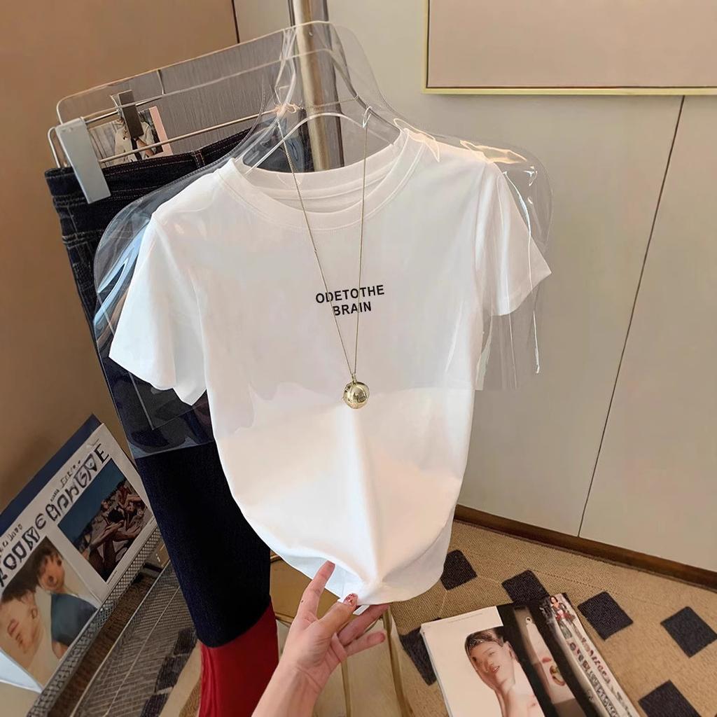 Simple Style White Letter Printing Short-sleeved T-shirt Women's Spring Summer Loose Casual Versatile Pure Cotton Crew Neck Top Tide