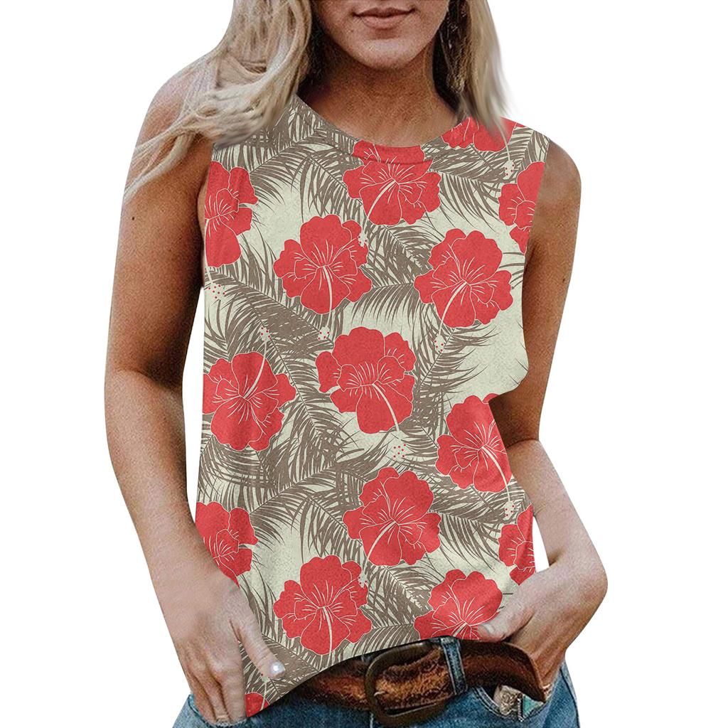 Damen Rundhals Lässig Ärmellos X Hawaiianisch Bedrucktes Westen-T-Shirt Top