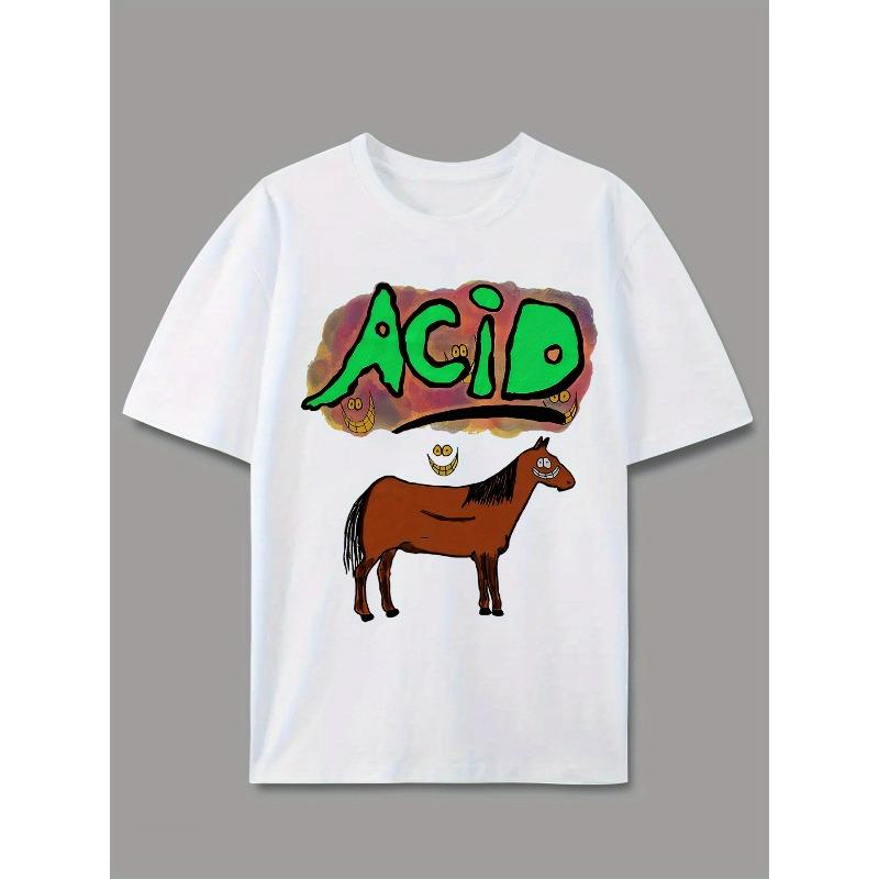 European Sizes Men'S Vibrant Acid Horse Graphic T-Shirt - Casual Crew Neck, Short Sleeve, Lightweight Tee for Summer & Spring