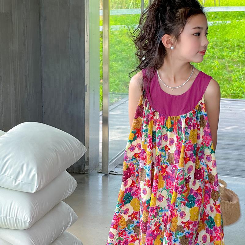 Girls Summer Sweet Floral Fake Two Piece Princess Dress Fashionable Big Kids Skirt
