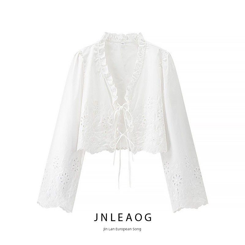 Jnleaog Autumn New Women's Clothing Fashion Style Ruffled V Neck Bows Shoelace Cardigan Long Sleeves Short Shirt