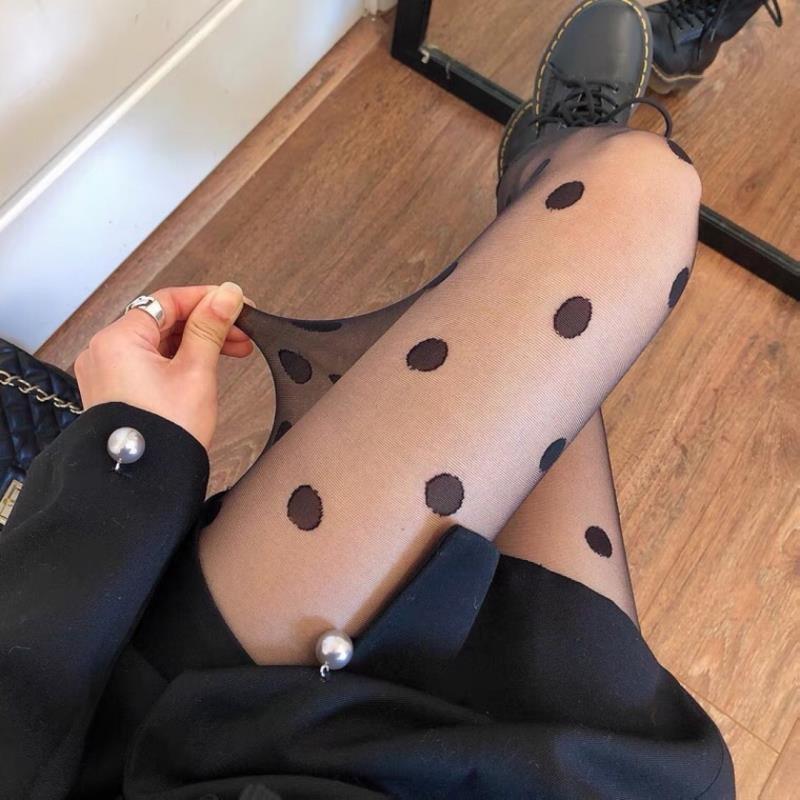 Spring and Summer Thin Polka Dot Jk Black Silk Leg Beauty Socks Trendy Women's Jacquard Cut-through Pantyhose