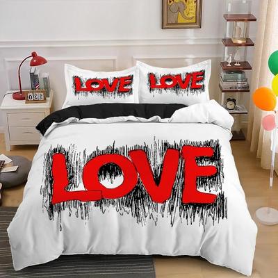 Ensemble Housse de Couette Lit Couple Amoureux Cadeau Saint-Valentin Forme de Cœur Ensemble de Literie King Queen Double 2/3 pièces Polyester Housse de Couette