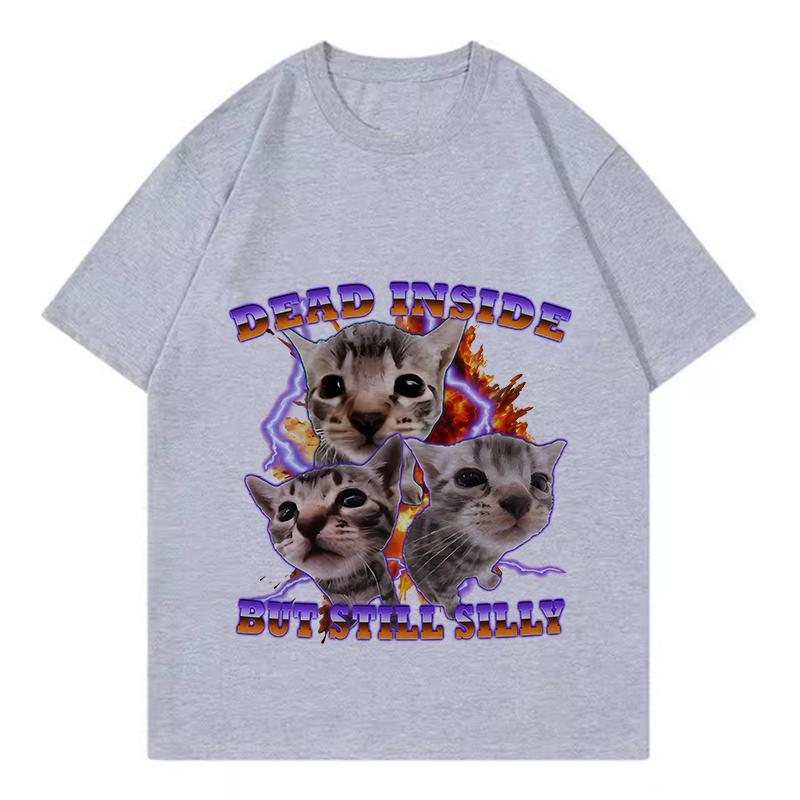 Funny Dead Inside But Still Silly Cat Design T Shirts UnisexTshirt Vintage Round Neck Short Sleeve Trendy Tee Shirt Streetwear