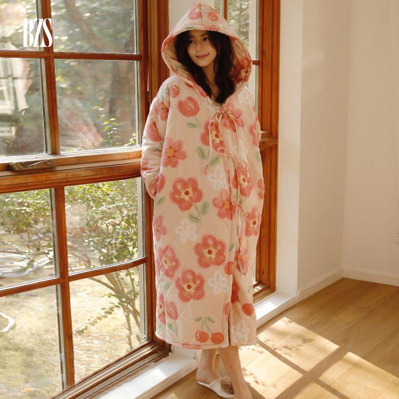 

Winter Three-Layer Quilted Rose Print Cardigan Loose Hooded Thickened Home Wear Outwear Nightgown for Women Hooded Nightgown L [recommend 57.50 kg-70.00 kg]]