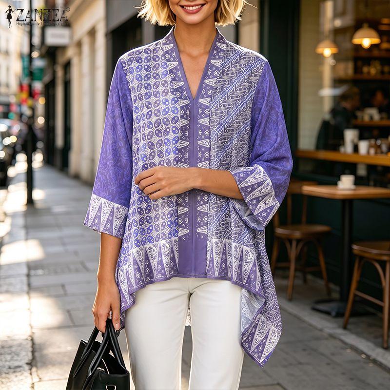 ZANZEA Women Boho Print Summer Casual V-Neck 3/4 Sleeve Loose Cape Blouse