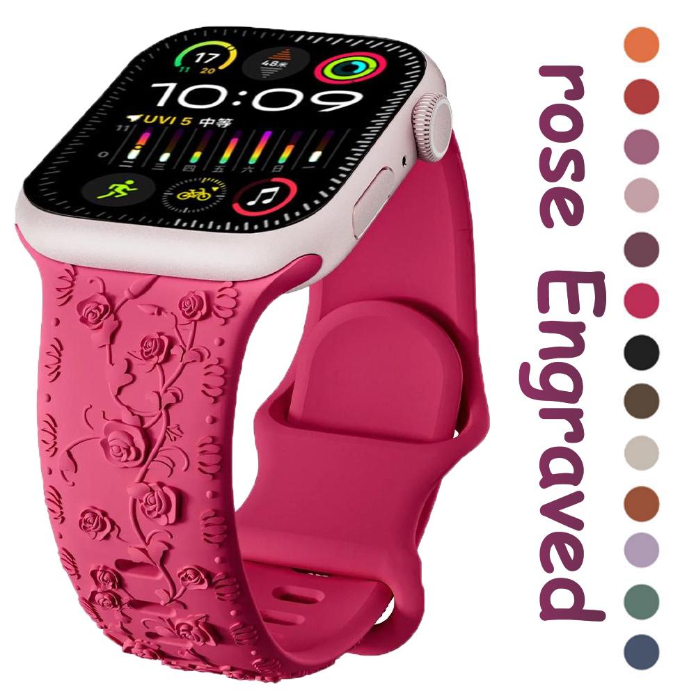 

Ремешок с гравировкой в виде розы для Apple Watch Ultra 2/Ultra 49 мм 9 8 7 45 мм 41 мм Силиконовый браслет с принтом для iWatch Series 6 5 4 3 2 1 Se 44 мм 42 мм 38 мм 40 мм