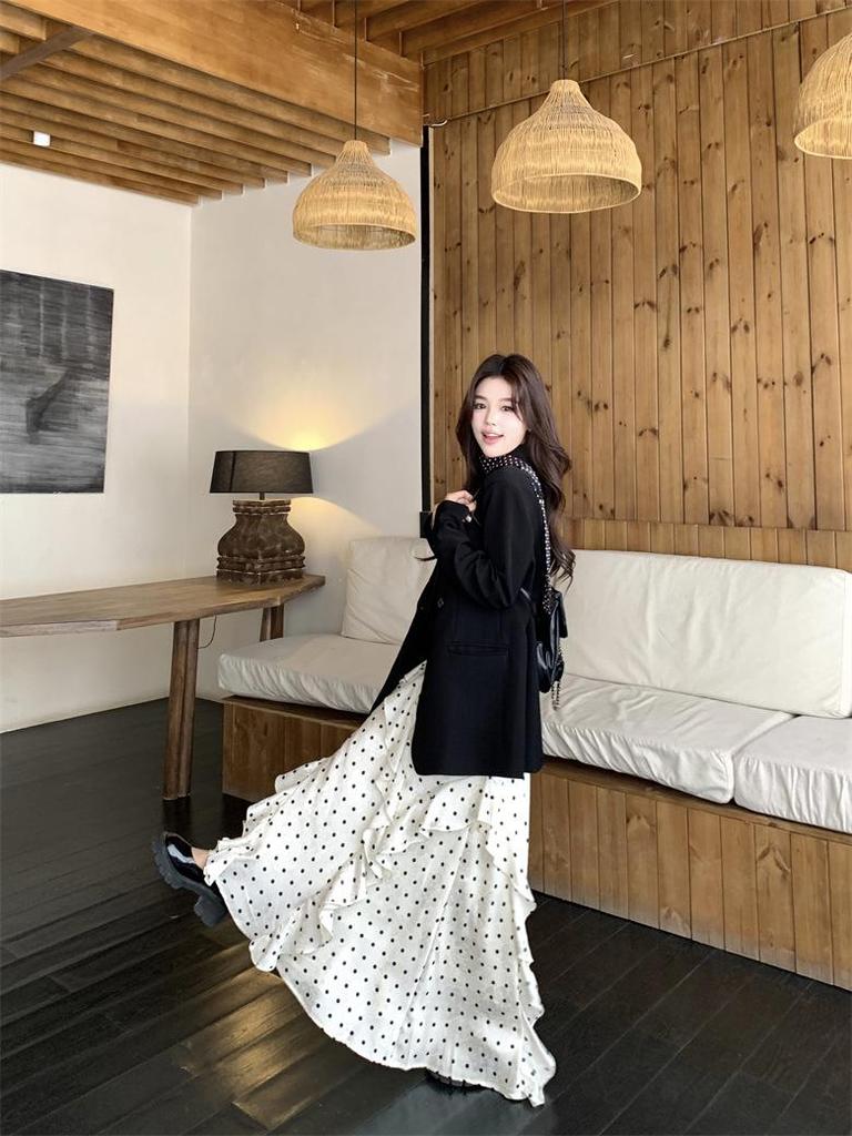 Elegant Plus Size Polka Dot Dress & Black Cardigan Set - Women's Spring/Summer Slimming Style