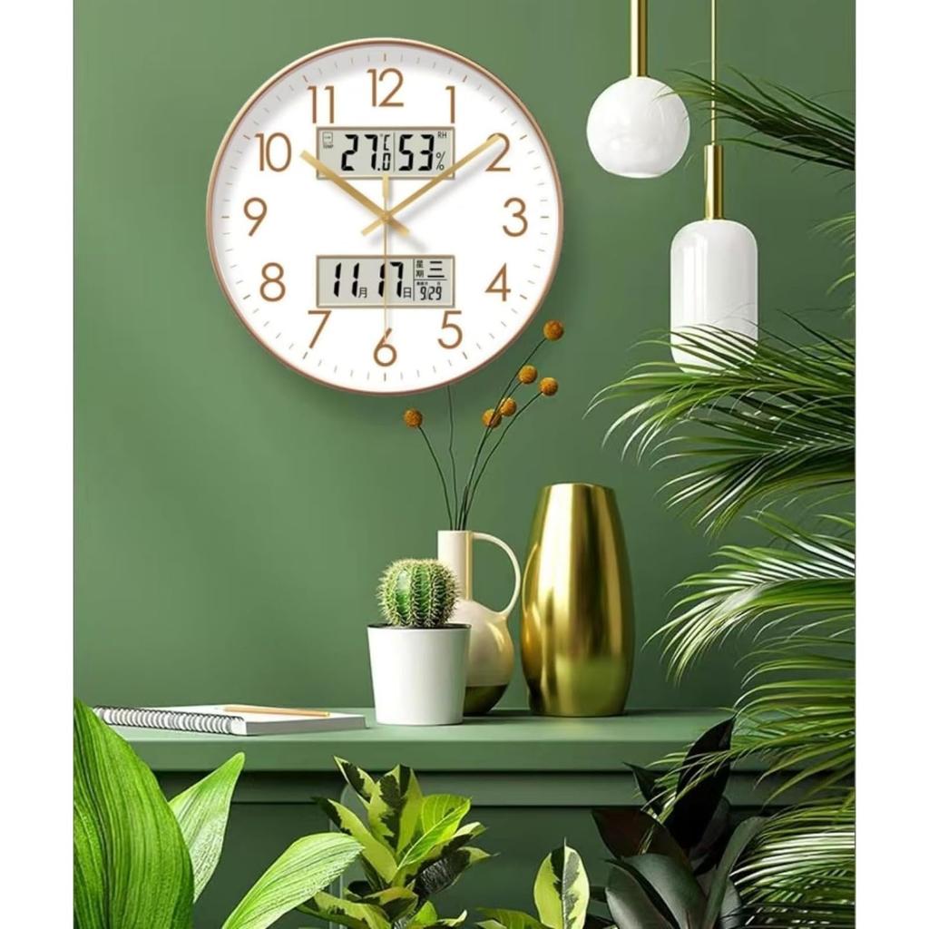 kxptso Wall Clock, Analog Temperature and Humidity Display, Digital Calendar, LCD Display, Quiet, Continuous Second Hand, Analog Wall Clock (A, 35cm)