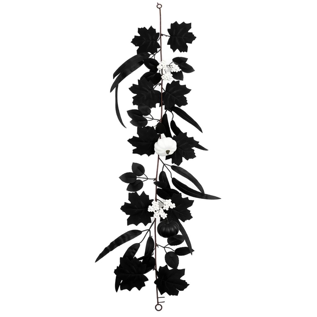 Artificial Halloween Garland with Black Maple Leaves and Pumpkins - Dark Faux Fall Decoration for Fireplace Mantel, Stairs, Door Wrapping