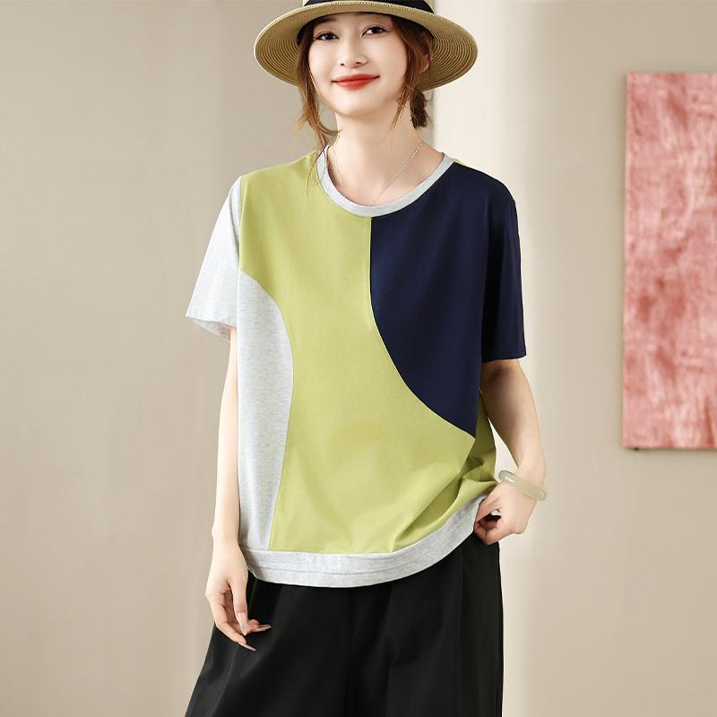 DIMANAF 2026 Plus Size Summer Women T-Shirts Casual Lady Tops Tunic Shirt Spliced Oversize Loose Tees Cotton