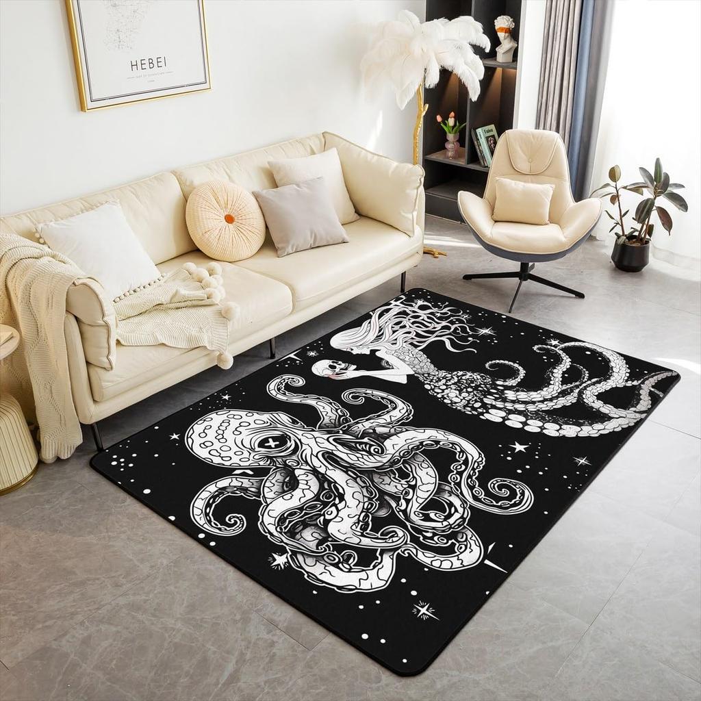 Galaxy Area Rug 3x5,Octopus Tentacles Carpet Kawaii Room Decor,Stars Decorative Rug Fleece Fabric Coastal Creature Indoor Floor Mat Nautical