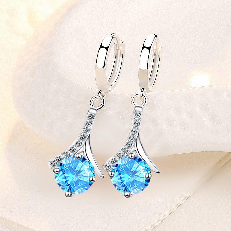 KOFSAC New Trendy  Sterling  Earrings For Women Wedding Elegant Blue Zircon Geometry Earring Jewelry Female Daily Wear