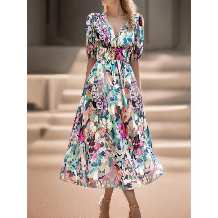 Summer Casual Boho Floral Print Midi Dress Women V Neck Short Sleeve Holiday Long Dress Fashion