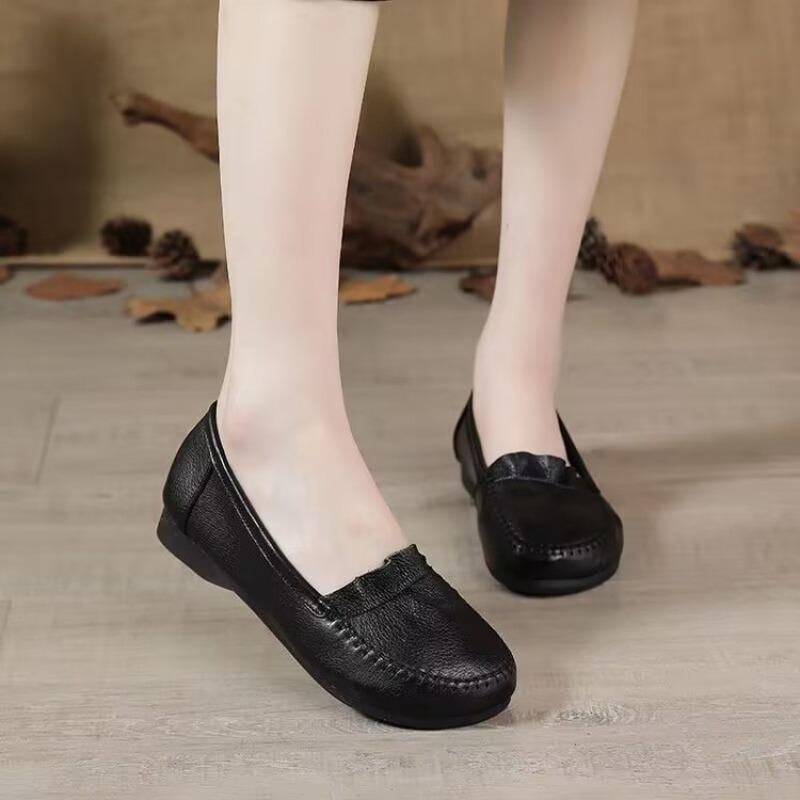 Round-toe Women's Shoes - Versatile Flat Leather Flats Suitable for All Seasons, Soft-bottomed Shoes