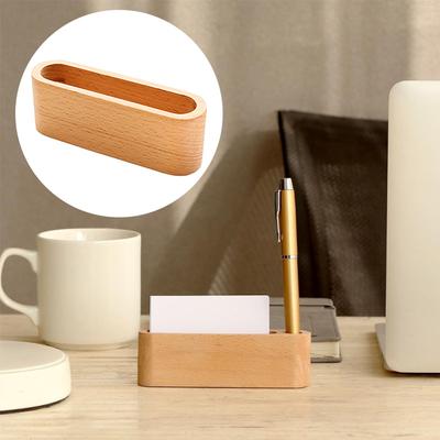 Wooden Business Card Holder with Pen Slot Desktop Display Stand Memo Note Holder and Storage Organizer Office Desk Accessory