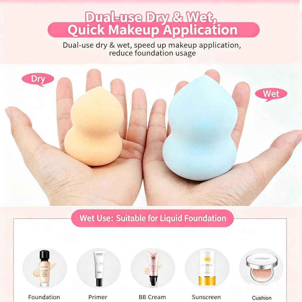 Beauty Sponge Set, Dual Use Dry & Wet Makeup Blender, Gourd Shape Foundation Sponge, Non-Absorbent Makeup Sponge for Liquid Foundation, Cream & Powder