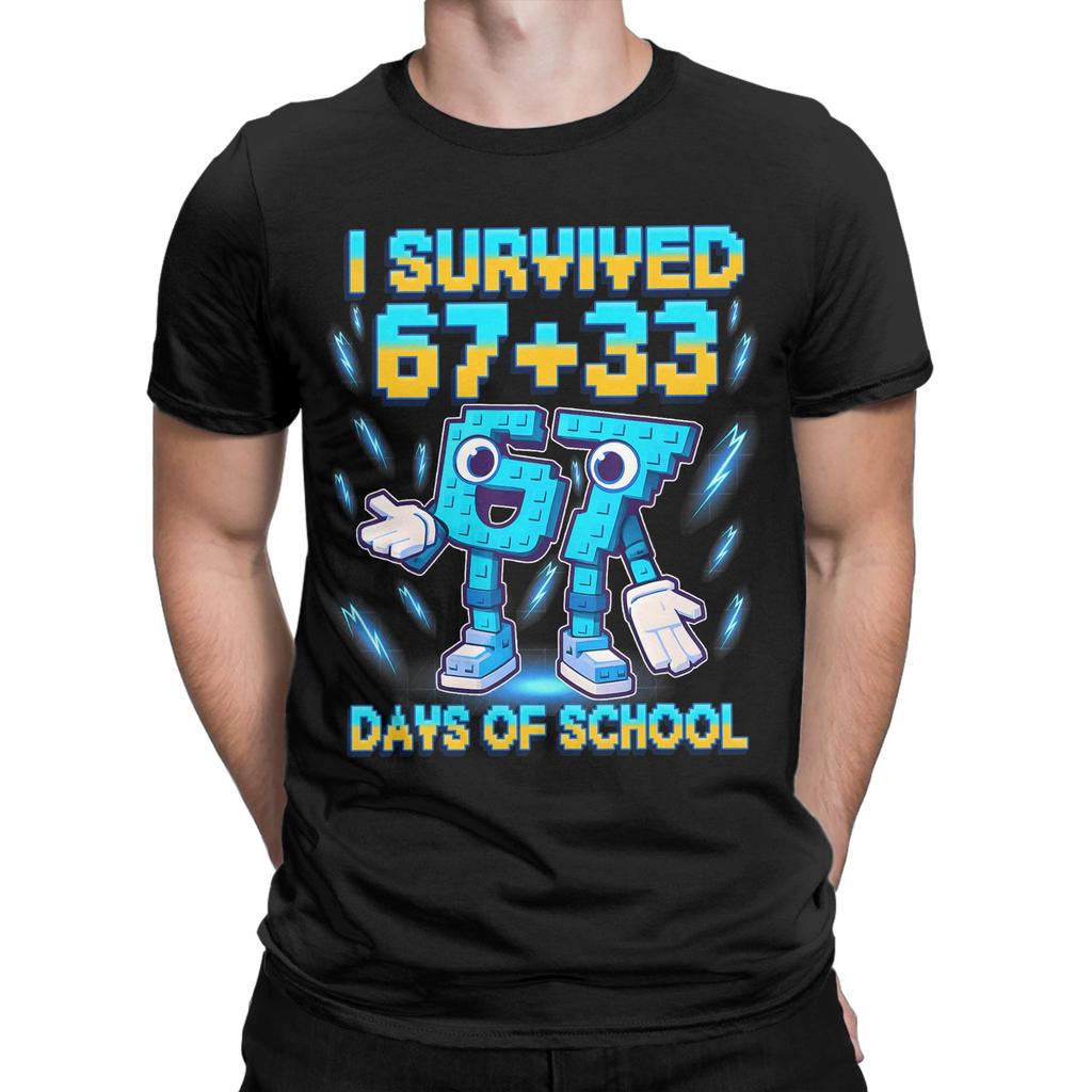 Ich habe 100 Tage Schule überlebt 67 Italienisches Brainrot T-Shirt für Herren Vintage Reines Baumwoll-T-Shirt Rundhals Kurzarm T-Shirts
