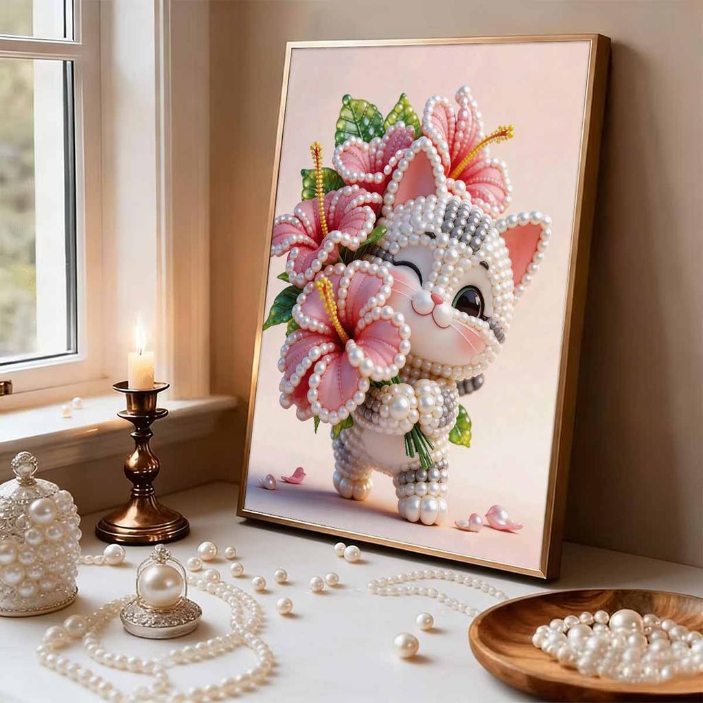5D DIY Frameless Pearl Painting Flowers and Cats Pattern Painting Kit, Suitable for Home Living Room Bedroom and Other Wall Decoration Art Paintings