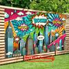 A 2D flat colorful comic city skyline background banner, with dimensions of 243.84 cm × 182.88 cm