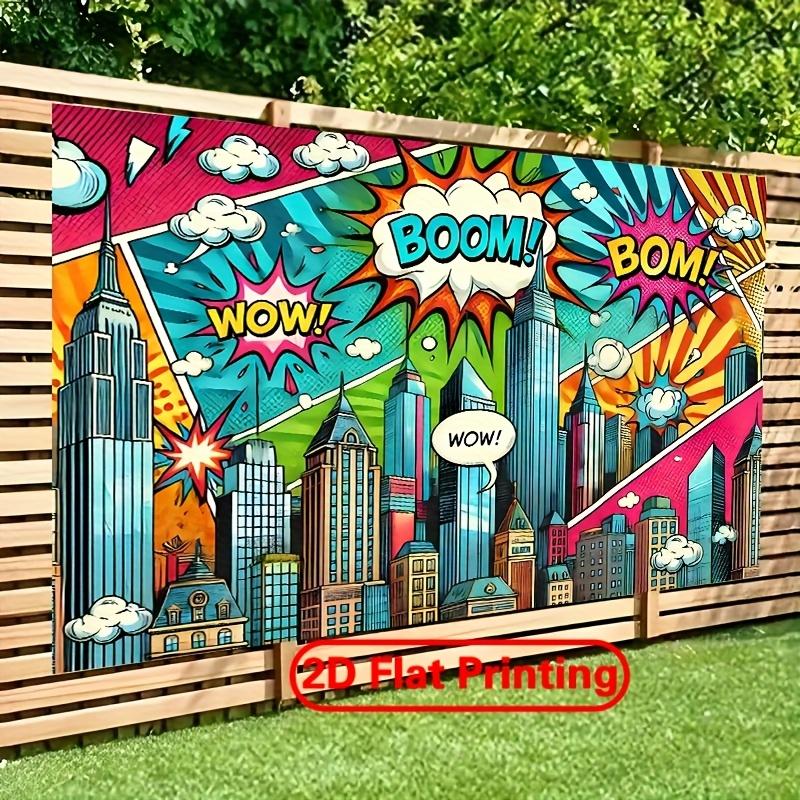 A 2D flat colorful comic city skyline background banner, with dimensions of 243.84 cm × 182.88 cm