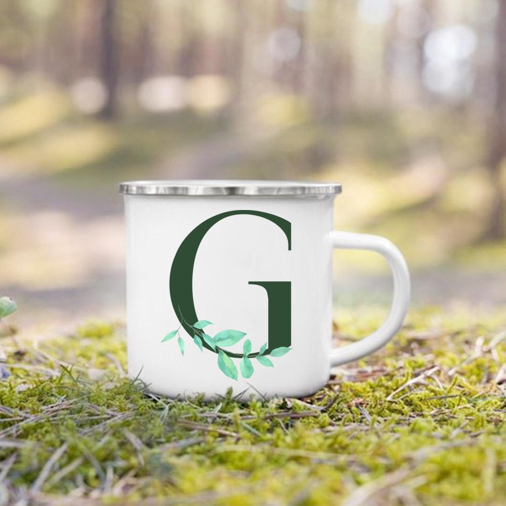 Emaille-Tasse mit Henkel, Aquarell, grünes Blatt mit Alphabet, Tasse, personalisierte Geschenke, Kaffee-Reisebecher, Bierbecher für Kaffee- und Teetassen