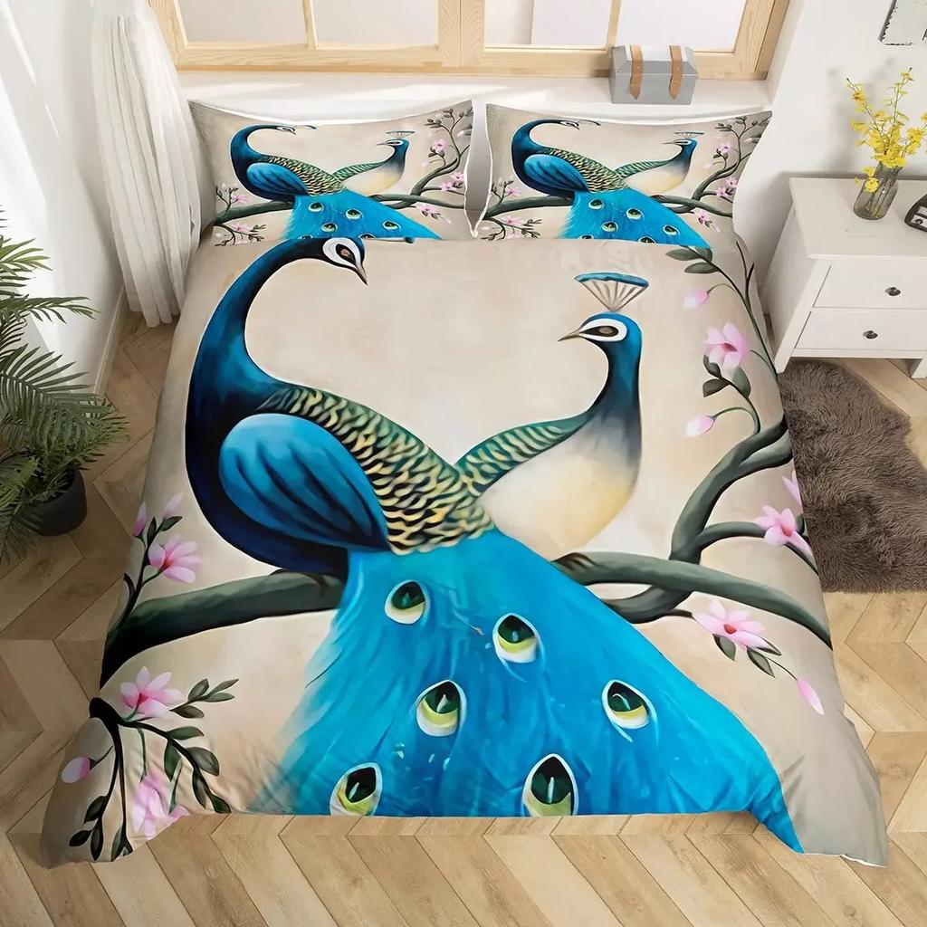 Peacock Comforter Cover Bohemian Duvet Cover Set Exotic Birds Animals Bedding Set Feather Floral Fresh Natural Bedspreads Cover