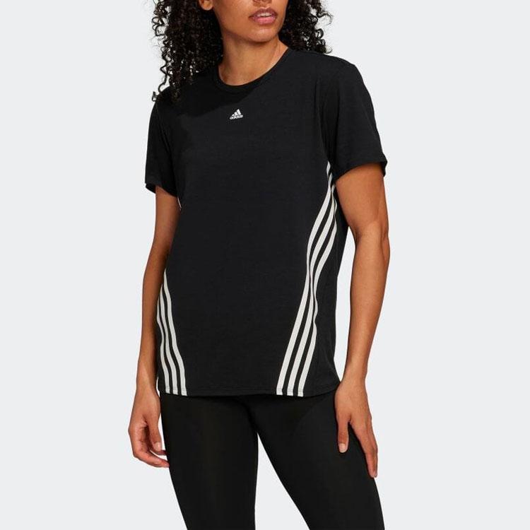 Adidas Striped Logo Print Round Neck Pullover Short Sleeve T-Shirt Women Tops Black HK6975
