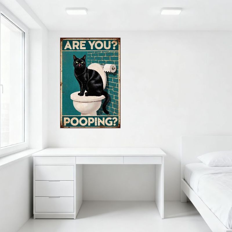 Vintage Style Metal Tin Sign, Black Cat On Toilet with Teal Brick Wall, 'ARE YOU?' 'POOPING?' Humorous Playful Decor for Home Ba