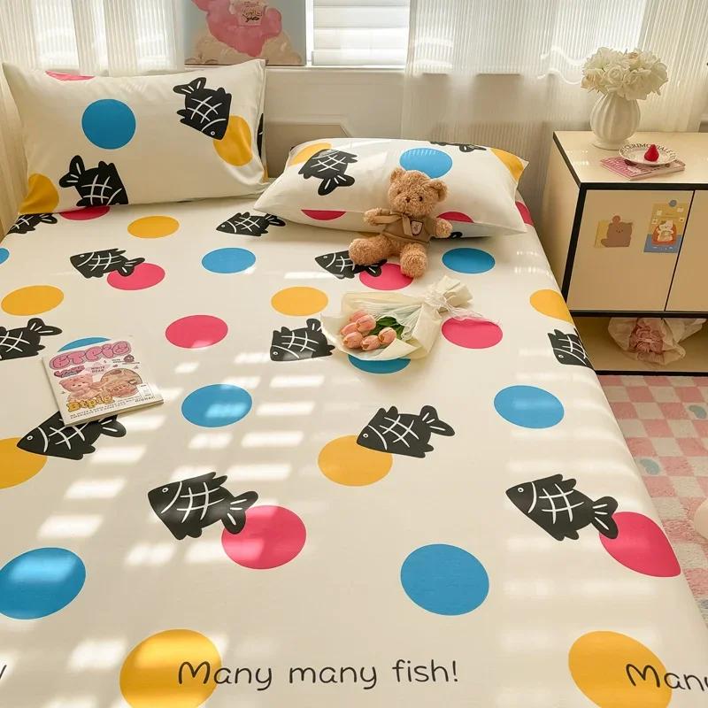 1 Pc 100%Cotton Bed Sheet Cartoon Fish Printed Fitted Sheet with Elastic Band Single/Queen/King Pure Cotton Bed Botton Sheets