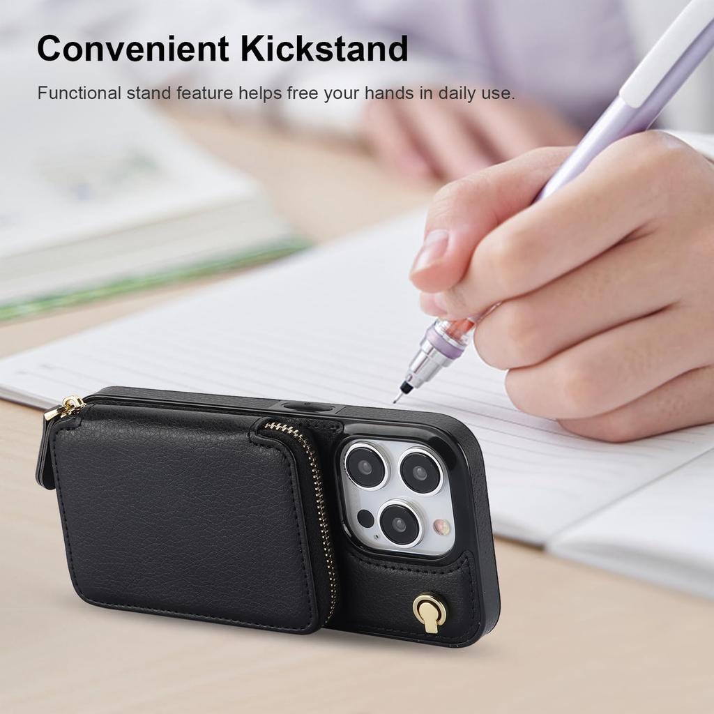 Bocasal Crossbody Wallet Case for iPhone 15 Pro, RFID Blocking Leather Purse Case with Card Holder, Protective Handbag Flip Cover with Zipper Wrist