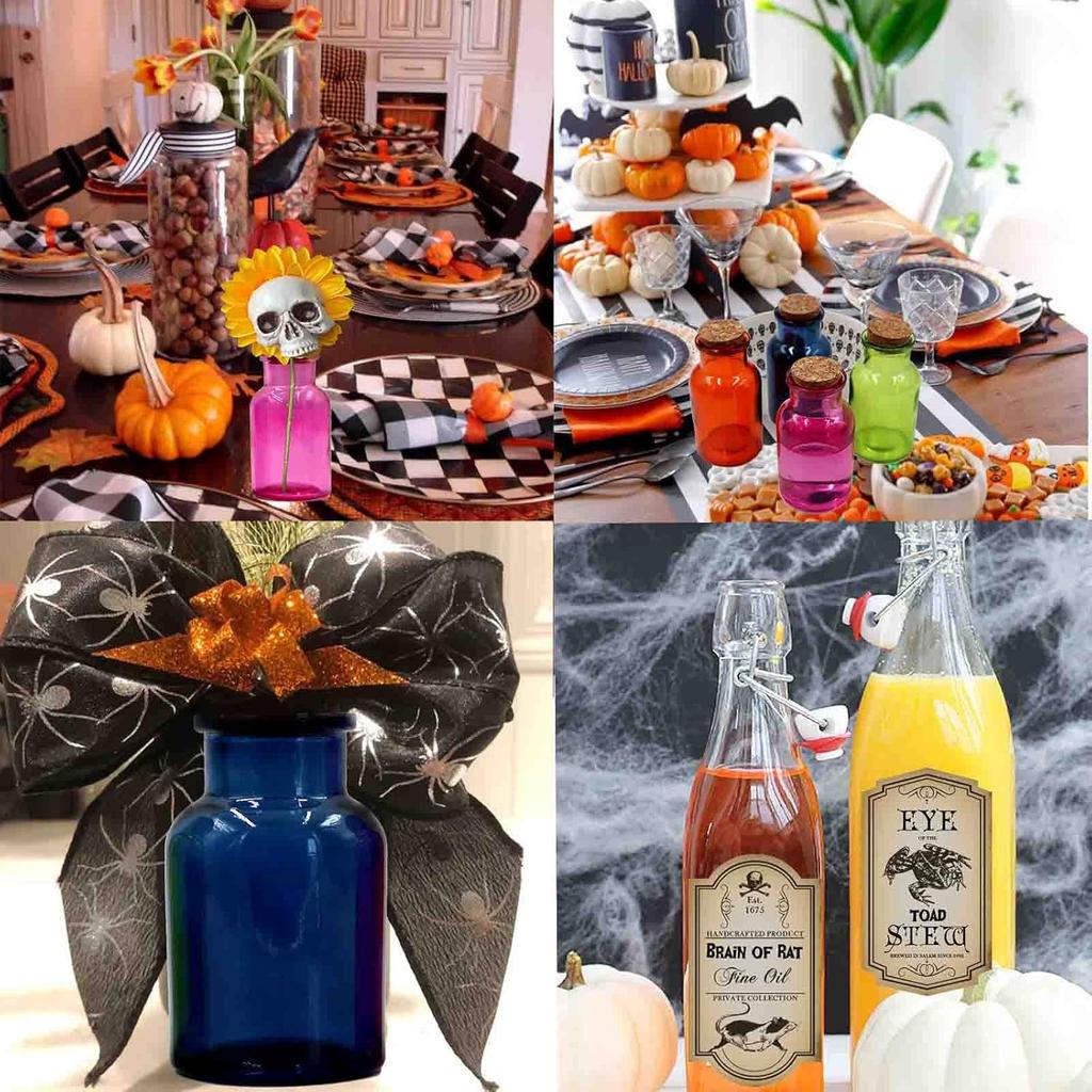 Halloween Glass Potion Bottle,4 Set of Apothecary Bottles with 8pcs Halloween Labels Stickers,Colorful Glass Decorative Jar, Corked Bottle, Halloween