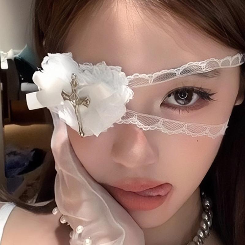 Women Sweet And Cool Black White Lace Bows Heart Cross Eye Mask Suitable For Halloween Theme Lolita Dark Gothic Cos Accessories