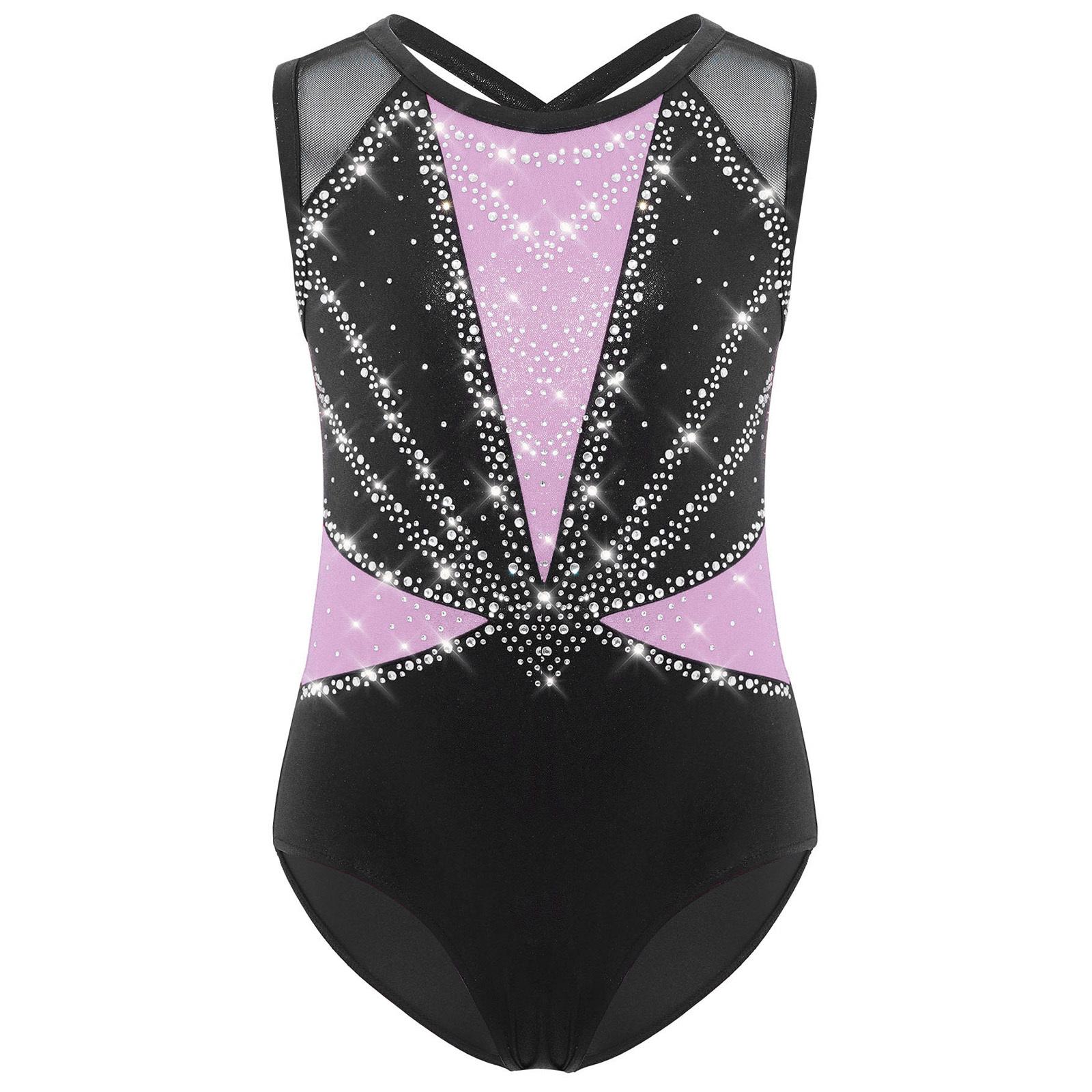 

Дитячий гімнастичний купальник з перехрещеною спинкою, без рукавів, з круглим вирізом, блискучими стразами, металізований танцювальний костюм світло-фіолетового кольору