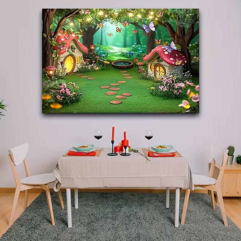 2D Whimsical Green Forest Mushroom Cottage Backdrop for Children Photoshoot