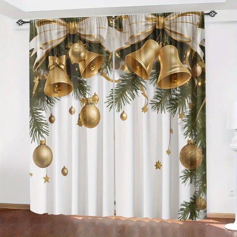 Set Of 2 Christmas Bell Print Curtains Suitable Bedroom Living Room Kitchen Decoration Home Window Curtain Polyester Perfect For
