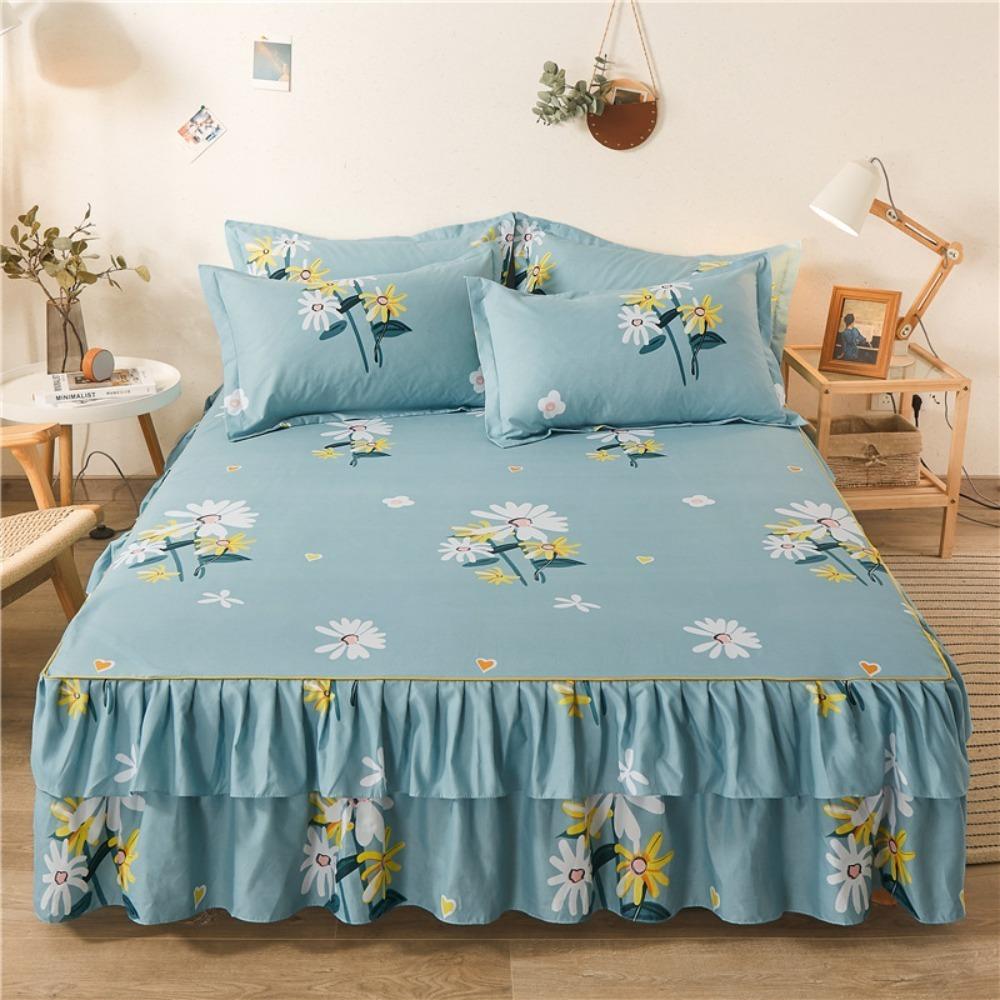 

Dust-proof Double Lace Bed Skirt Three-piece Set 120/150/180CM Thickening 3in1 Bedsheet Set Floral Printed Bedsheet Pillowcase 120x200cm зелений