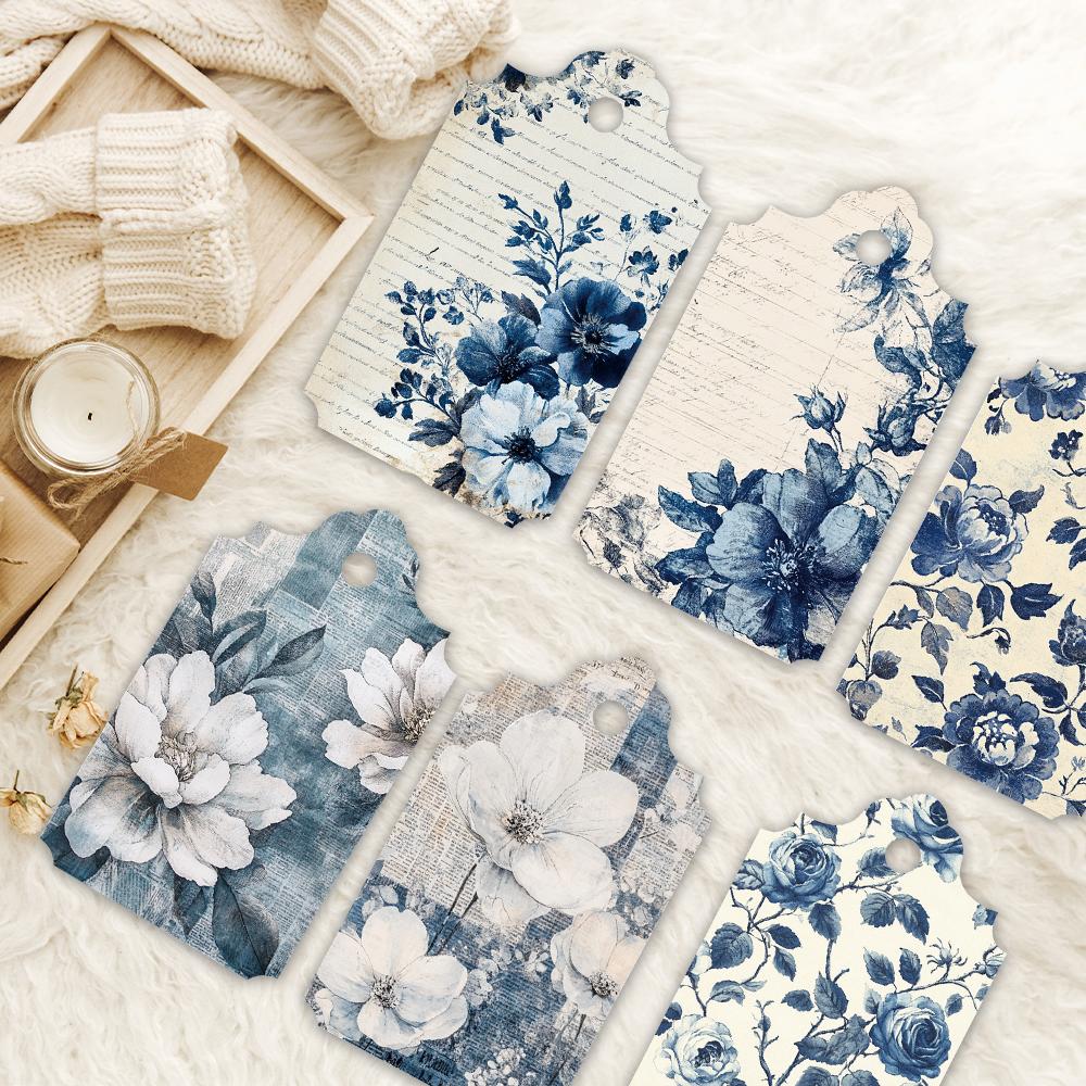 40pcs Vintage Blue Floral Tags, Hang Tags, Suitable for Gifts, Weddings, Bridal Parties, Birthday Cards, Includes Hemp String.
