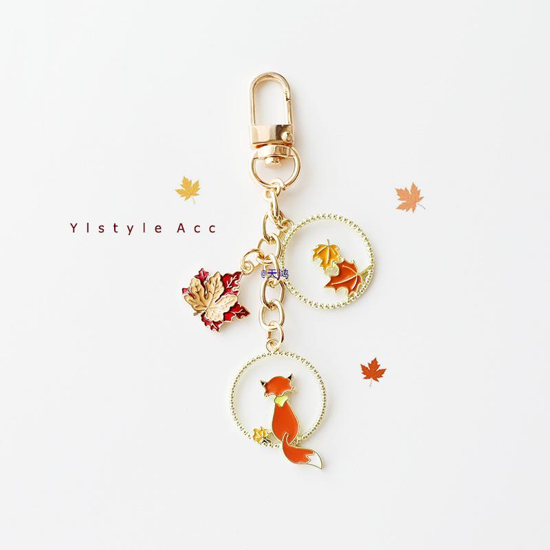 Handmade Cartoon Fox & Maple Leaf Keychain - Couple Bag Charm and Car Accessory