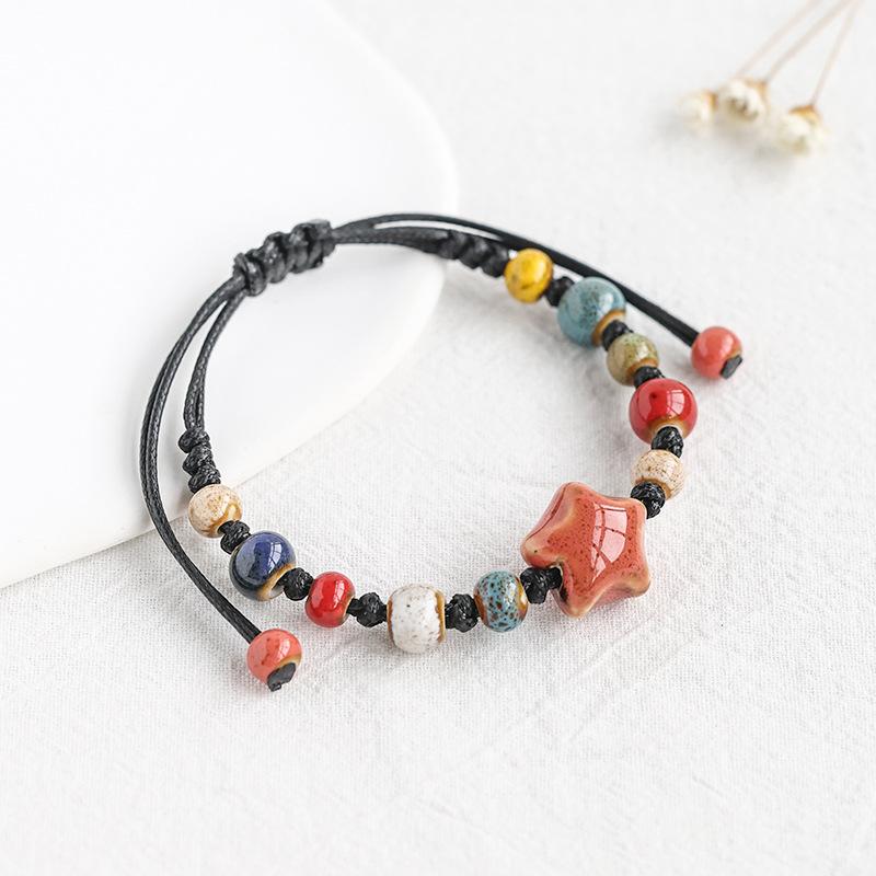 Kaseakia Handmade STAR Vintage Ceramic Stone Beads Wax Cord Adjustable Beaded Bracelets Bohemian Boho Jewelry for Women