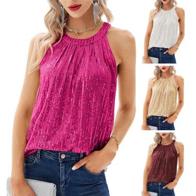 Women Top Halter Neck Shiny Sequin Off Shoulder Sleeveless Solid Color Loose Soft Breathable Pullover Lady Club Party Tank Top Blouse