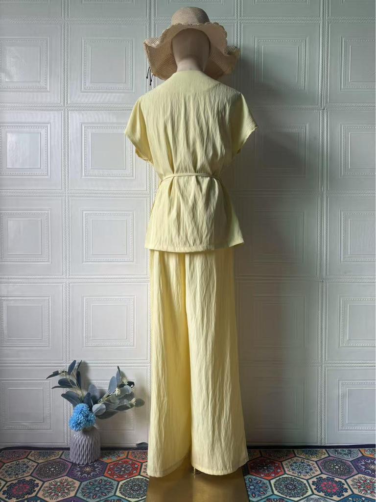 2025 Summer European & American Casual V-neck Short-sleeve Long Pants Fashion Set