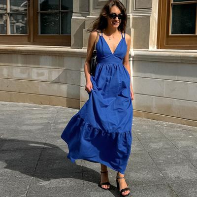 Blue Cotton Linen V-neck Suspender Backless Dress Women's Vacation Style Sexy Strap Dress New Fashion Spring and Summer