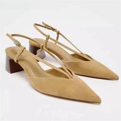 Elegant High Heels Women's Sandals Pointed Toe Woman Shoes Slingback Summer Chunky Suede Shoes Dress Office Pumps