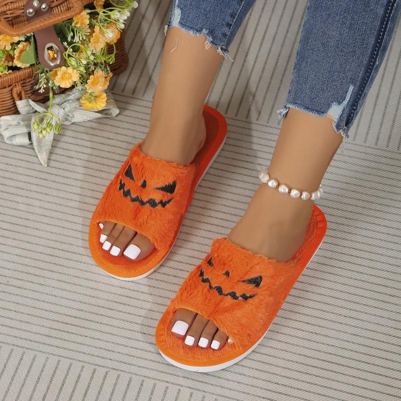 Fashion European and American Halloween Slippers 2024 Autumn and Winter Women's Flat Bottom Fluffy Slippers with A One Line Design Sense